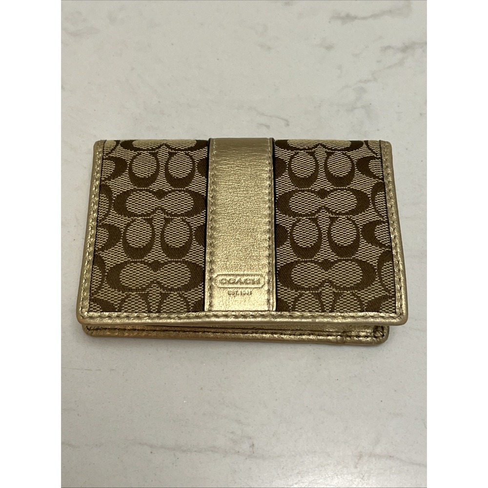 Coach Brown Signature Canvas Metallic Gold Leather ID Case Card Holder Wallet